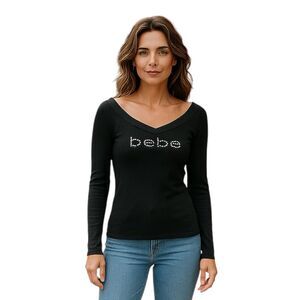 🔃Bebe Logo Swarovski Crystal Black Long Sleeve Top